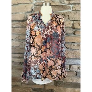 AGB Womens XL Floral Paisley Ruffle Neck Button Down Blouse Rust Burgundy